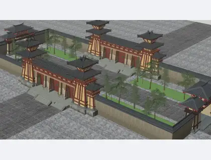秦汉里坊街区城门入口大门建筑