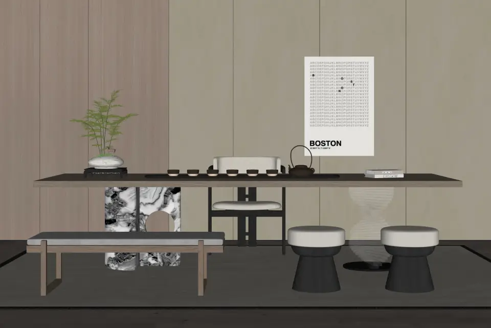 现代茶桌椅组合 凳子 茶具 绿植 挂画