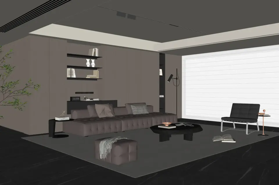 现代意式客厅 沙发茶几组合 皮质沙发 植物 休闲椅 沙发凳 边几 落地灯 梦幻窗帘 无主灯